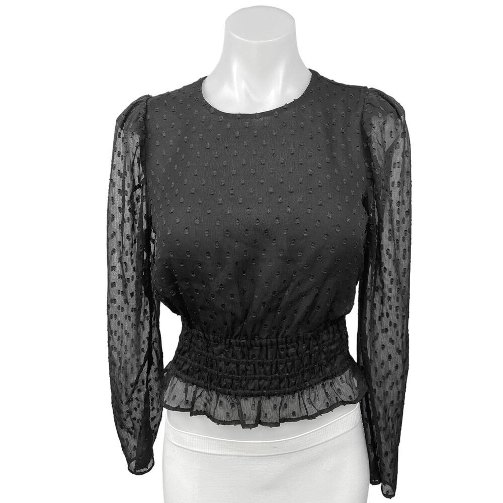 Express Black Dots Smocked Peplum Long Puff Sleeve Crew Neck Crop Blouse Top XS